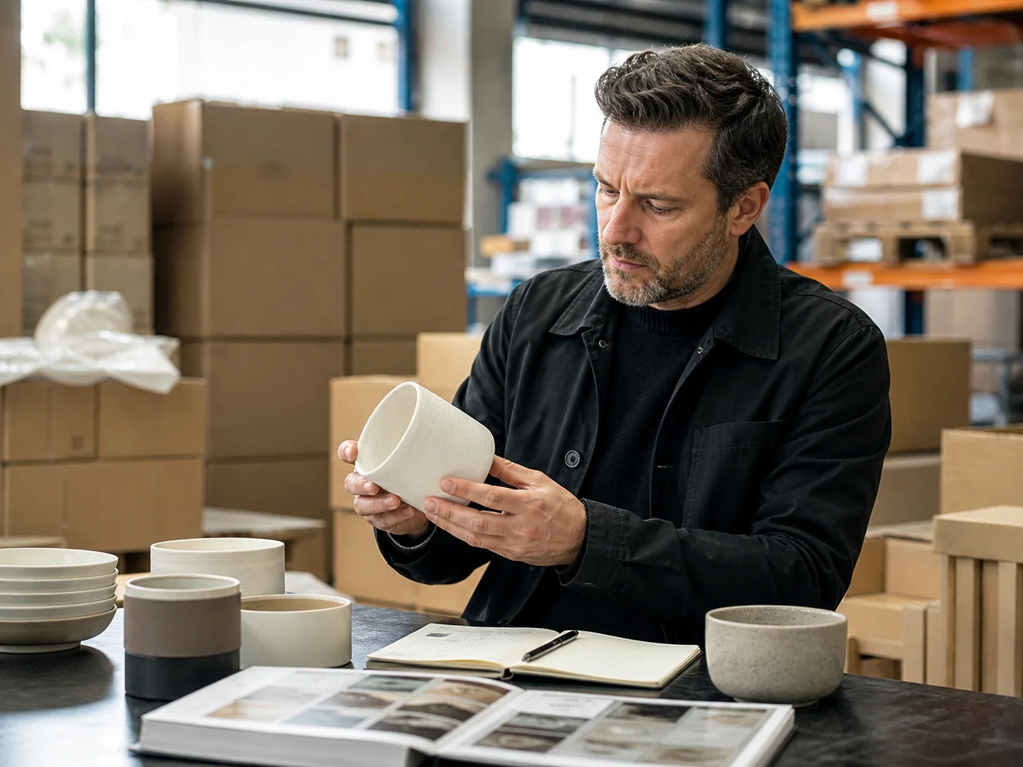 A wholesale buyer inspecting a ceramic sample in a warehouse
